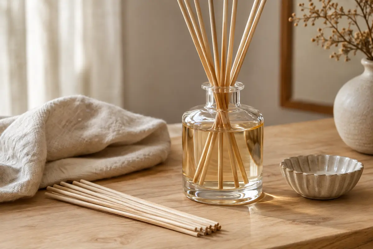 Tiges de rotin de rechange près d’un flacon diffuseur en verre