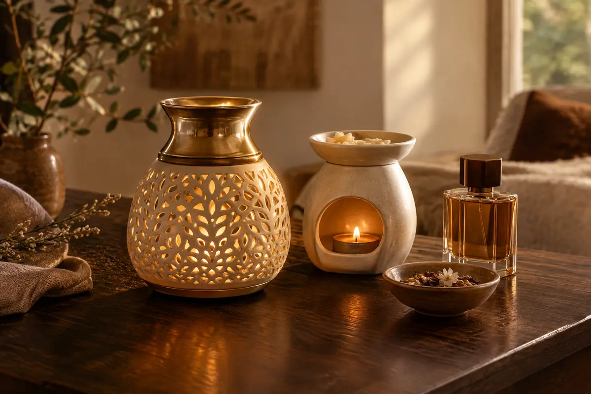 Lampe catalytique et brûle-parfum en céramique sur une table en bois