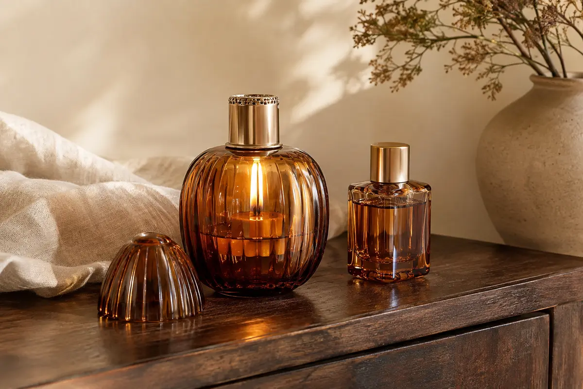 Lampe catalytique en verre ambré avec capuchon et flacon de parfum