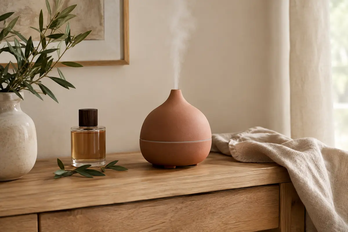 Diffuseur électrique posé sur une console en bois dans un intérieur lumineux