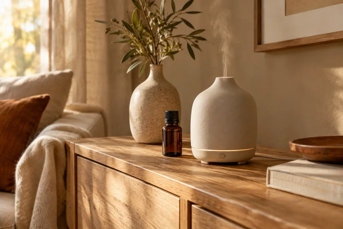 Diffuseur électrique en céramique mate posé sur une console en bois clair
