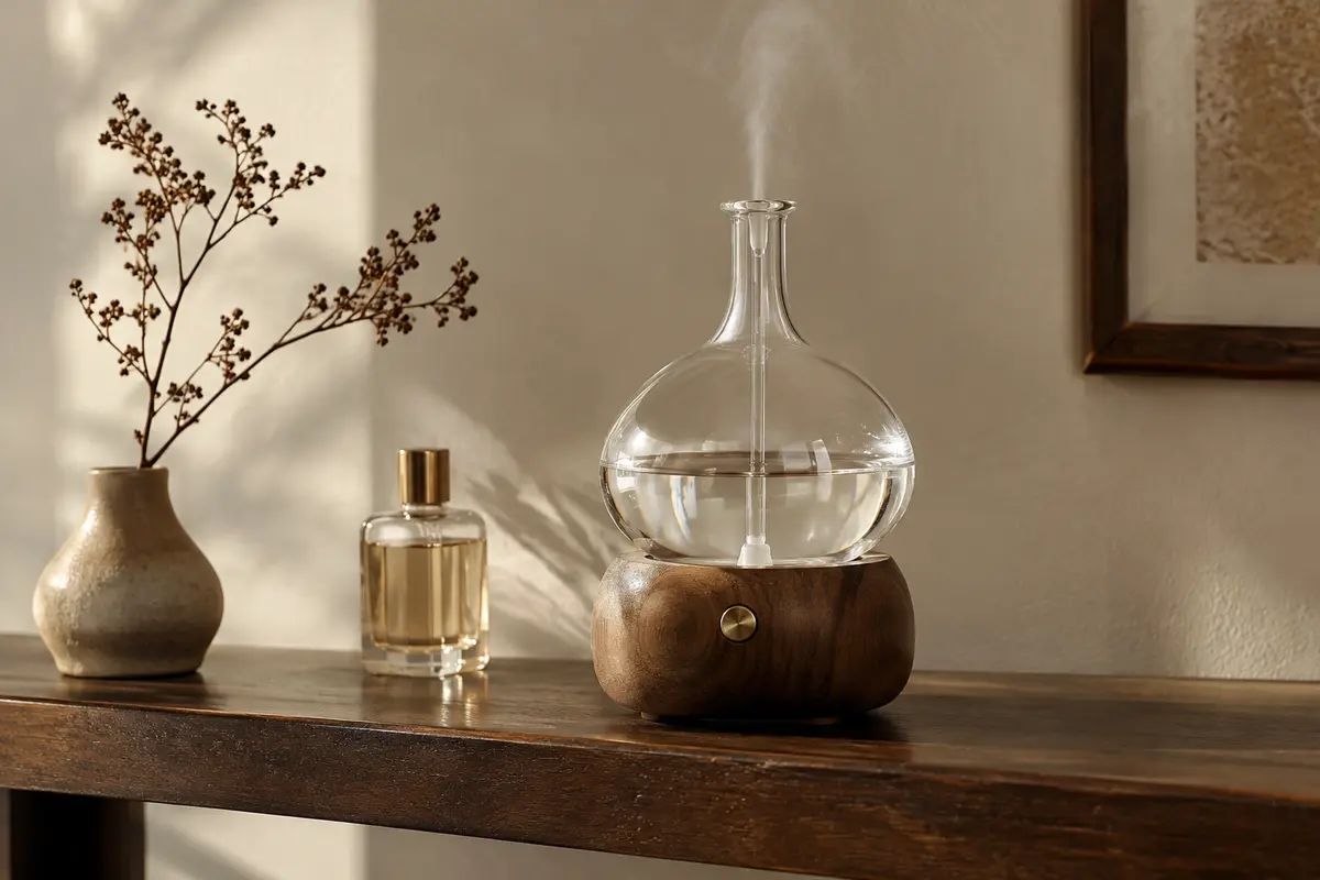 Diffuseur par nébulisation en verre transparent sur une étagère en bois