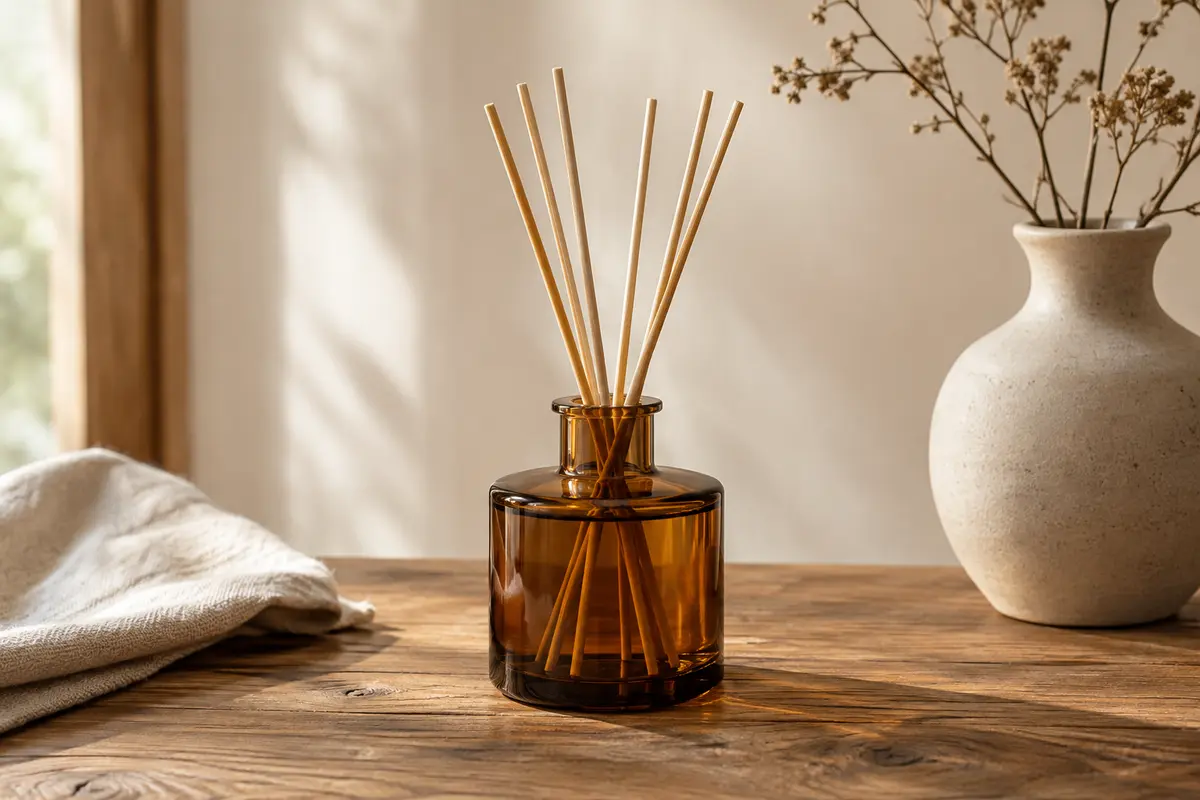 Flacon en verre ambré avec bâtonnets de rotin sur une table en bois