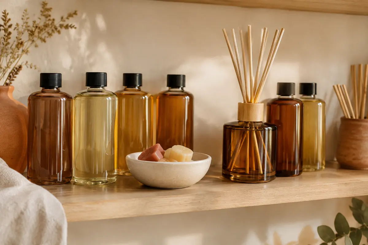 Flacons de recharge, bâtonnets de rotin et fondants parfumés sur une étagère