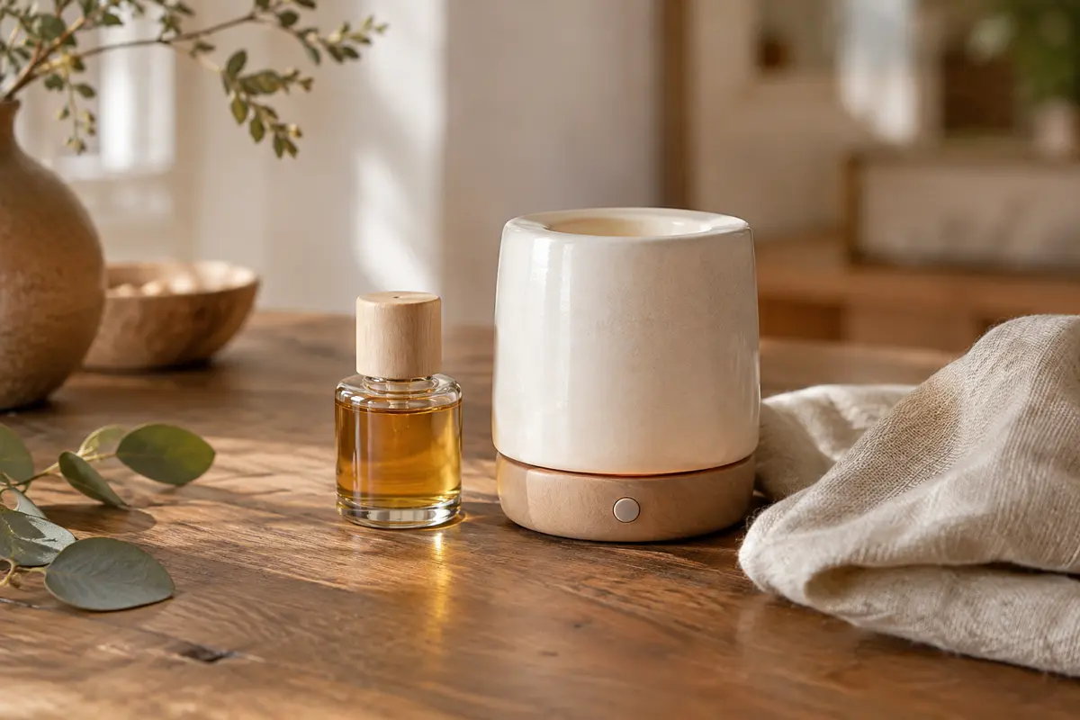 Flacon de concentré parfumé placé près d’un diffuseur électrique