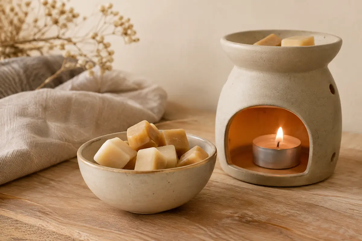 Fondants parfumés en cire présentés dans une coupelle en céramique