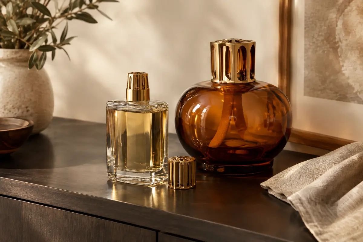 Flacon de parfum placé près d’une lampe catalytique en verre ambré