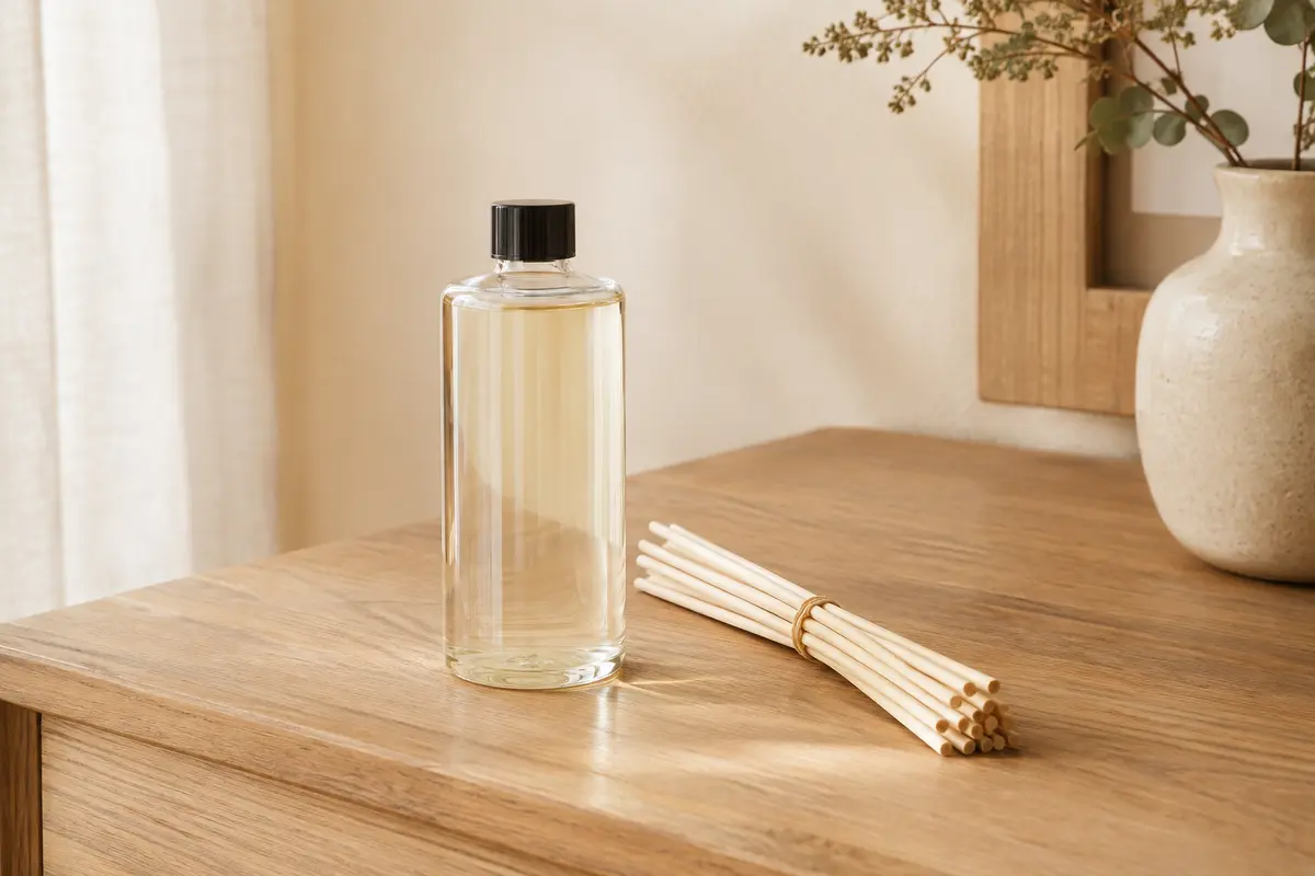 Flacon de recharge pour diffuseur accompagné de tiges de rotin