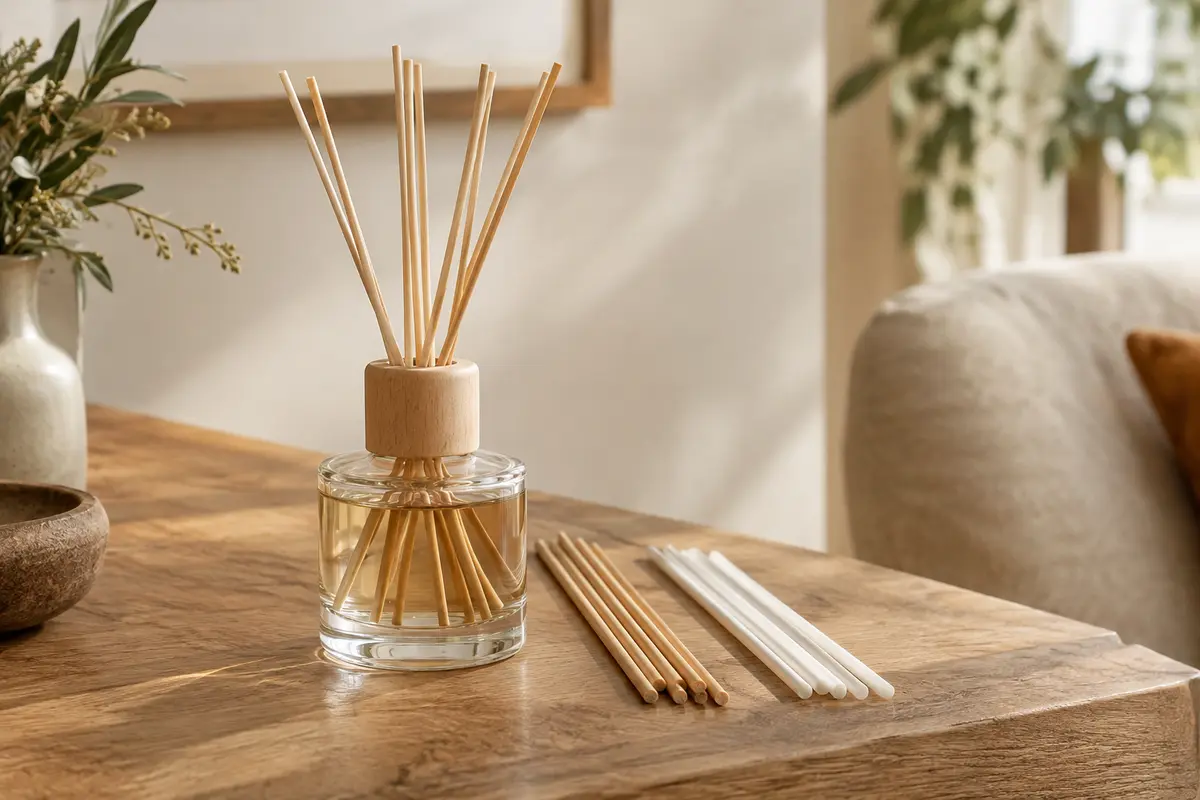 Diffuseur parfumé en verre accompagné de bâtonnets en rotin naturel et de tiges en fibre