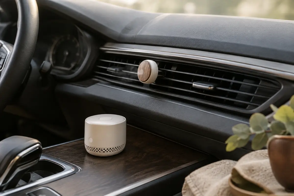 Habitacle de voiture avec un diffuseur à clip sur la grille d’aération et un appareil électrique compact