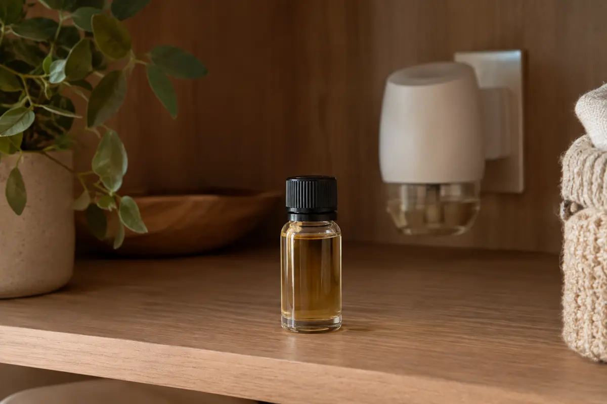 Flacon de concentré parfumé fermé et rangé à l’abri de la lumière près d’un diffuseur électrique