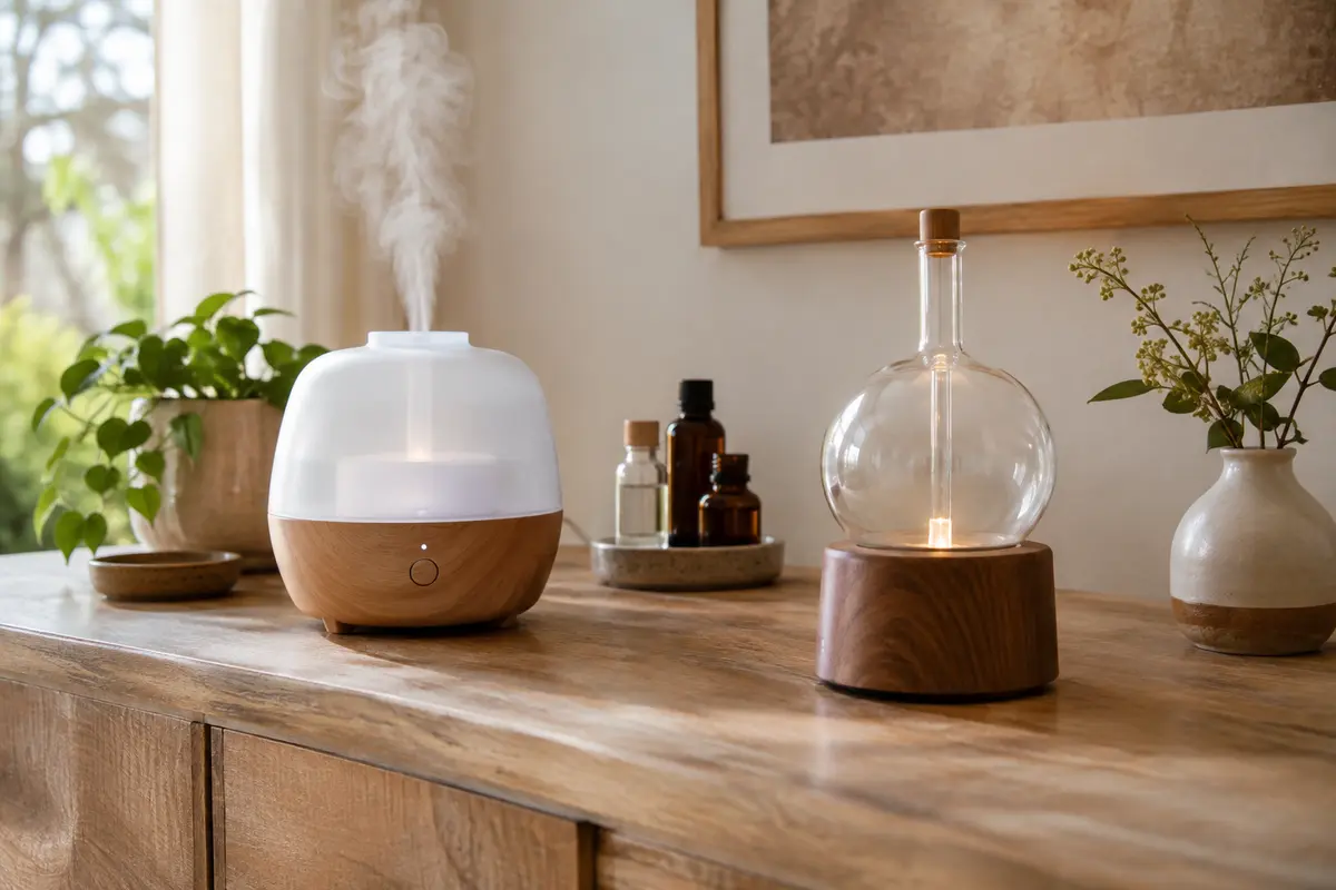 Deux diffuseurs électriques côte à côte, l’un à ultrasons avec sa brume, l’autre par nébulisation en verre.