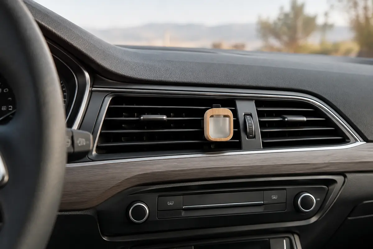 Diffuseur de voiture à clip fixé sur une lamelle d’une grille d’aération dégagée