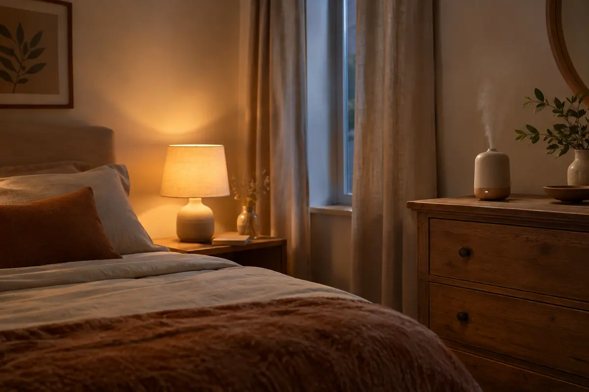Diffuseur électrique discret posé sur une commode dans une chambre éclairée par une lumière douce