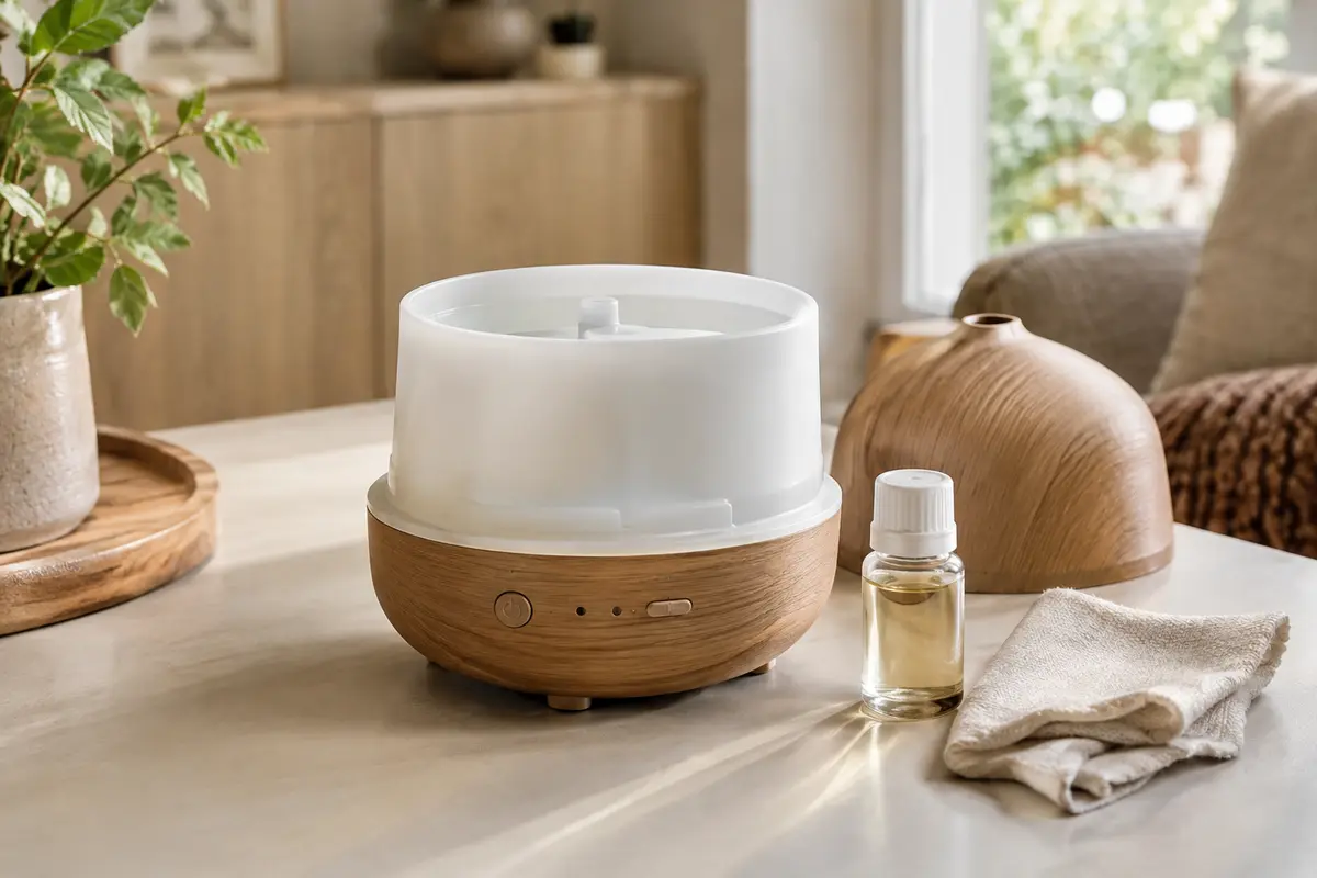 Diffuseur électrique éteint avec son réservoir ouvert et un chiffon doux pour son entretien
