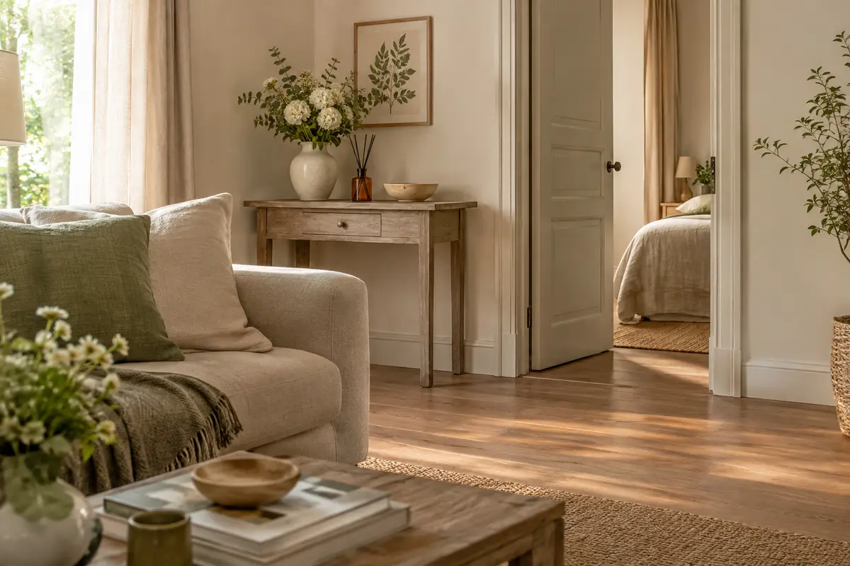 Diffuseur à bâtonnets posé sur une console claire dans un intérieur aux tons doux et naturels