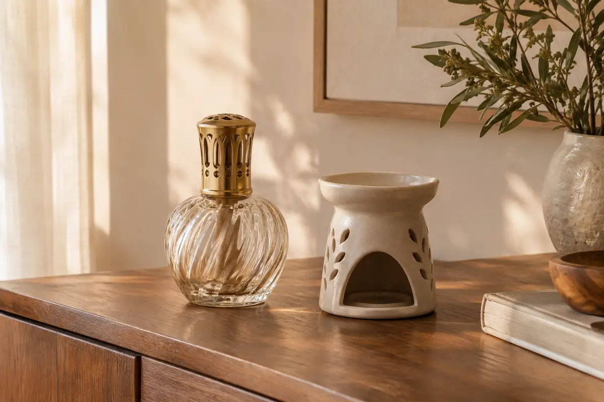 Lampe catalytique éteinte et brûle-parfum en céramique posés sur une console