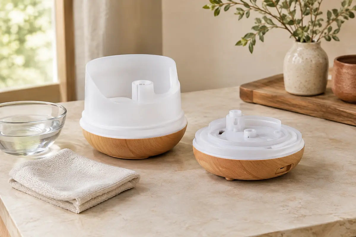 Diffuseur à ultrasons débranché, réservoir ouvert et chiffon doux pour un nettoyage prudent