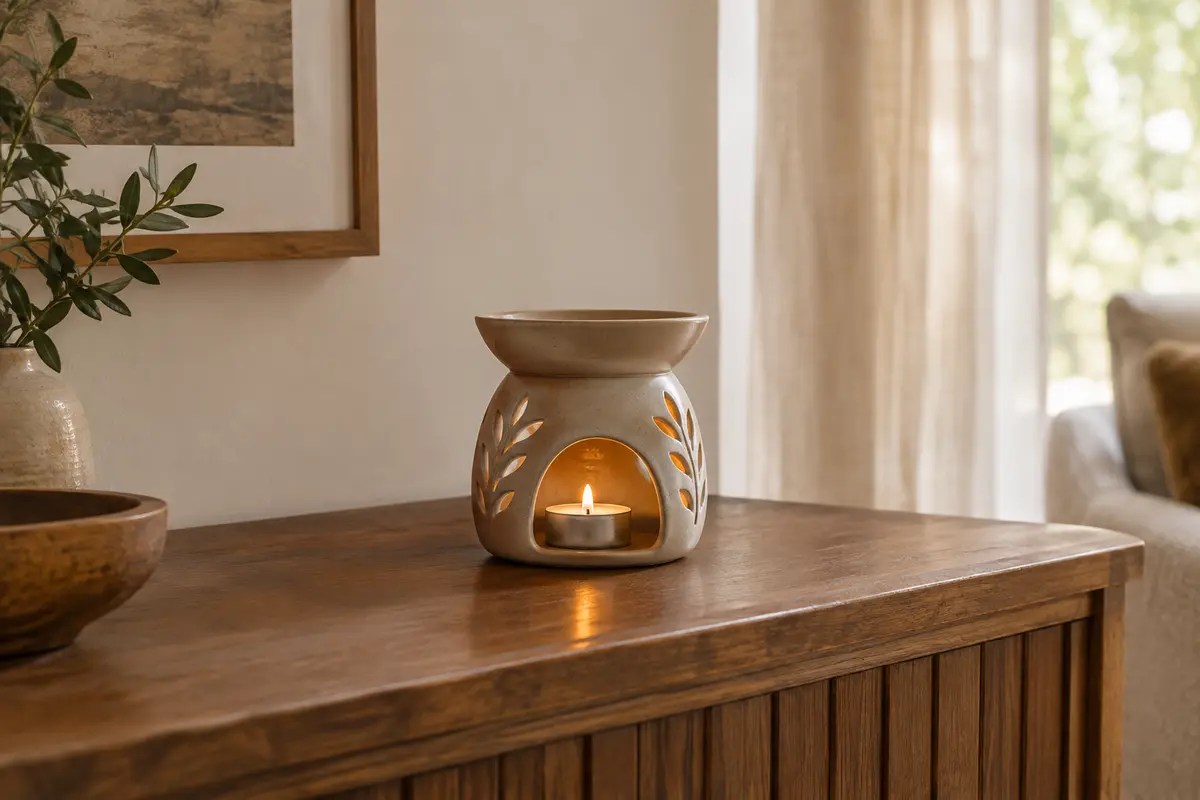 Brûle-parfum en céramique posé sur une console stable et dégagée, loin des rideaux et des livres.