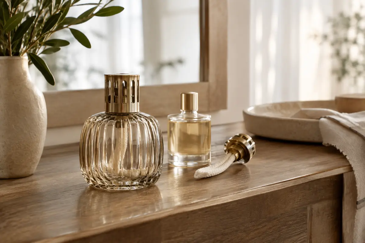 Lampe catalytique et brûleur posés sur une console, avec un flacon de parfum fermé à proximité.