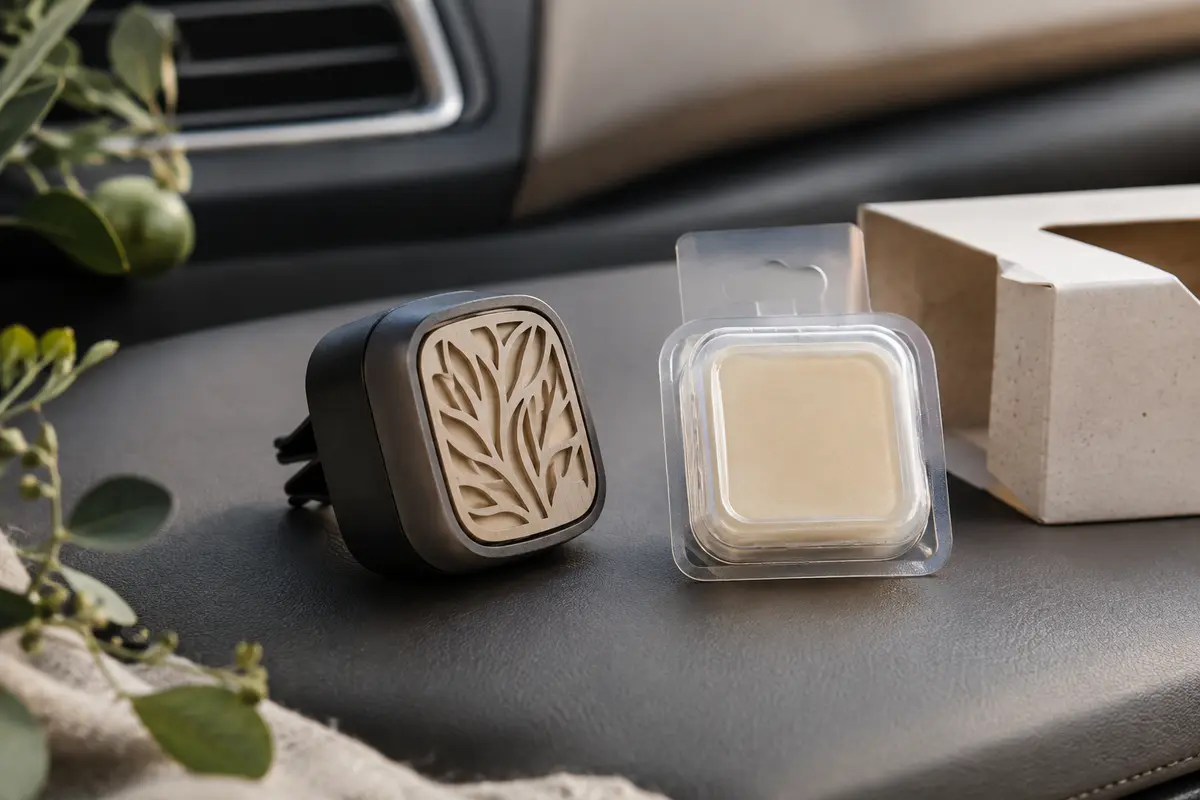Diffuseur de voiture à clip et recharge dédiée présentés côte à côte sur une surface neutre