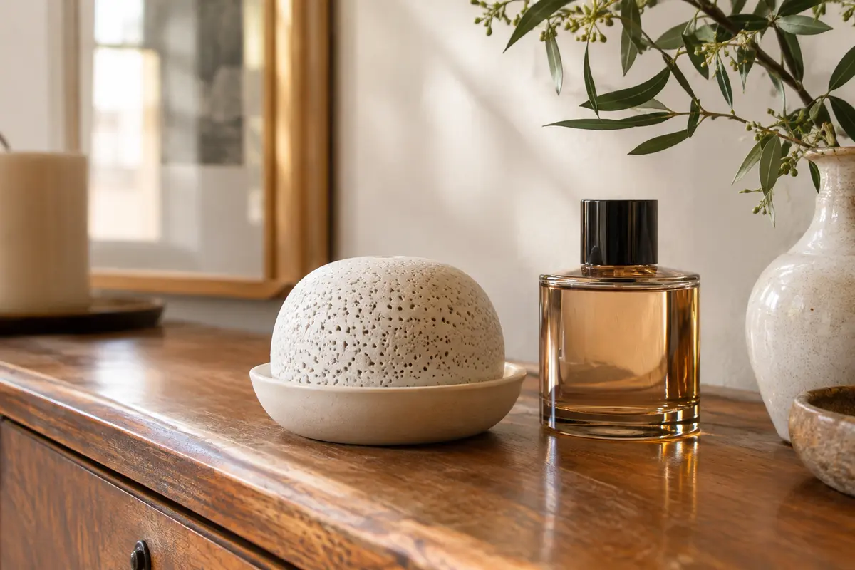 Diffuseur en céramique poreuse posé sur une soucoupe, près d’un flacon de parfum fermé