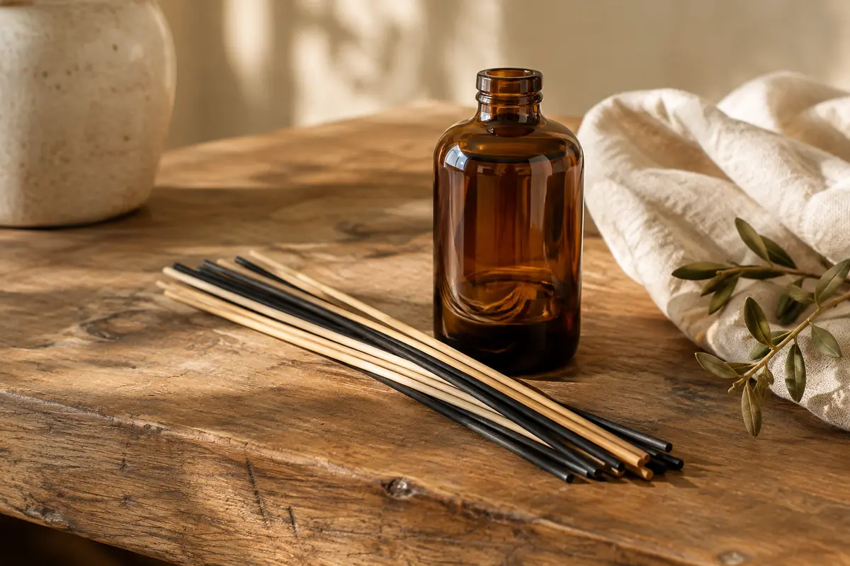 Bâtonnets de diffuseur en rotin naturels et noirs disposés près d’un flacon en verre ambré