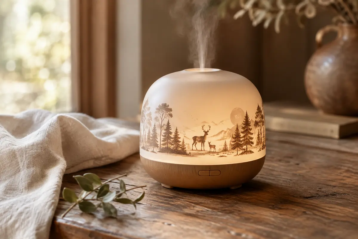Diffuseur ultrasonique vintage avec veilleuse posé sur une table en bois patiné