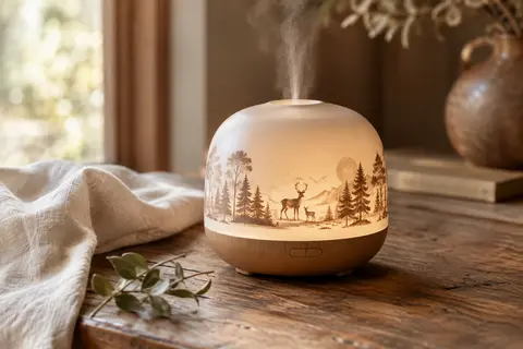 Diffuseur ultrasonique vintage avec veilleuse posé sur une table en bois patiné