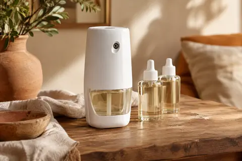Diffuseur électrique blanc avec recharges parfumées posé sur du bois dans un intérieur chaleureux.