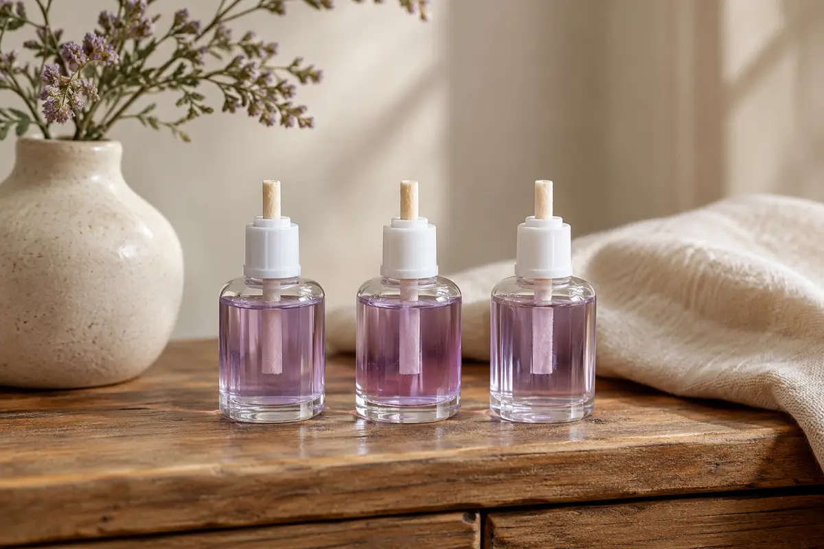 Trois flacons de recharge en verre remplis d’huile parfumée lilas, avec leur mèche, alignés sur une console en bois.