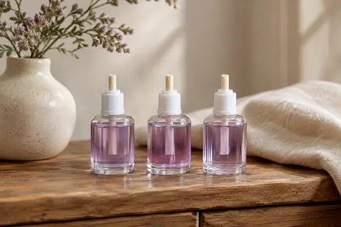 Trois flacons de recharge en verre remplis d’huile parfumée lilas, avec leur mèche, alignés sur une console en bois.