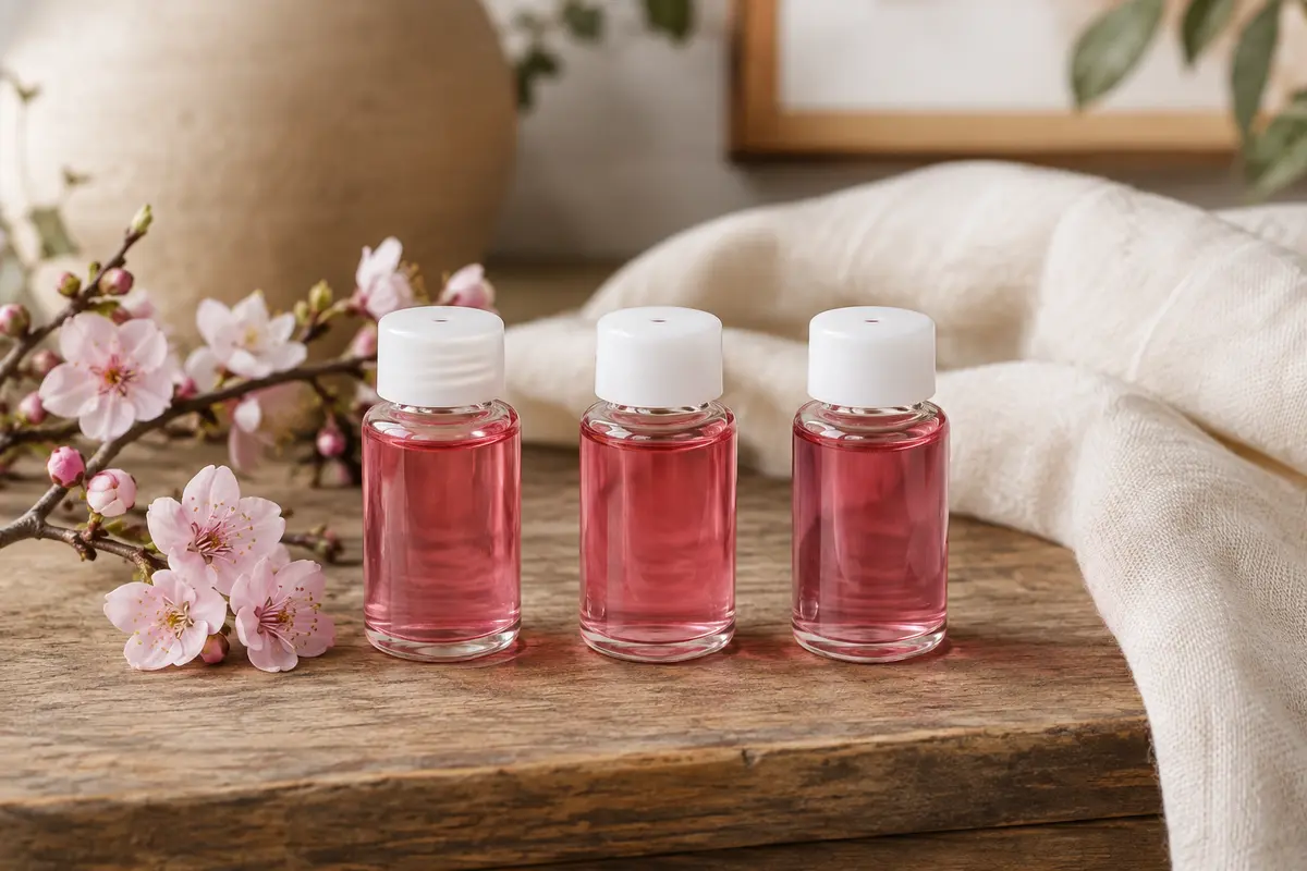 Trois flacons de recharge en verre au liquide rose framboise, fermés par un embout blanc, sur une tablette en bois.