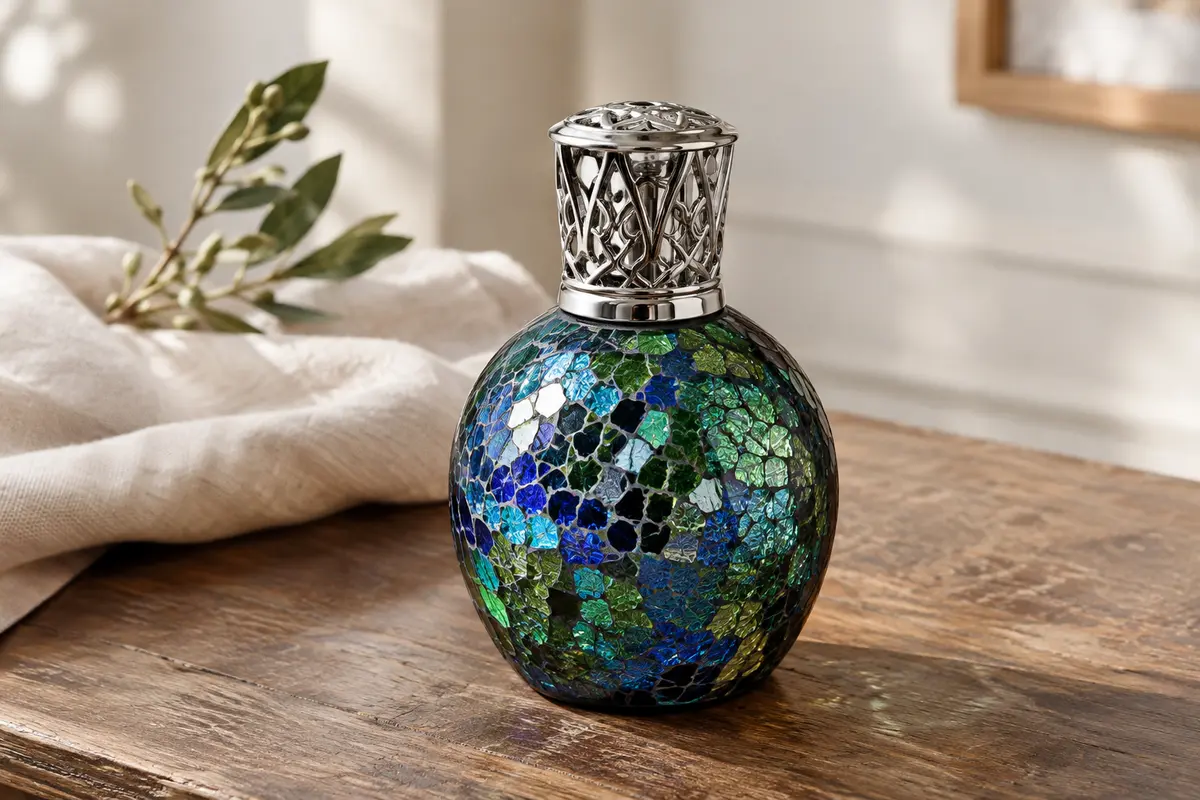 Lampe catalytique Airdragon Aquarius en mosaïque de verre bleu et vert, posée sur du bois patiné.