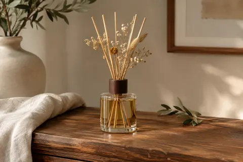 Diffuseur à bâtonnets avec fleurs séchées posé sur une console en bois patiné