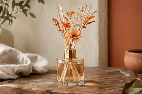 Diffuseur Airkeep à bâtonnets dans un flacon en verre, accompagné de fleurs décoratives sur du bois patiné.