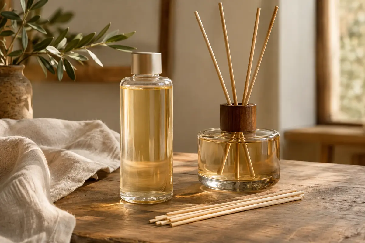 Recharge parfumée Airkeep pour diffuseur à bâtonnets, mise en scène dans un intérieur aux tons naturels.