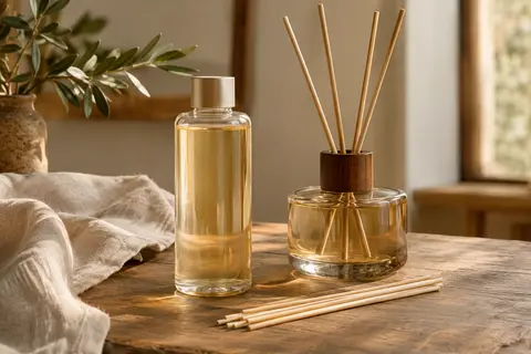 Recharge parfumée Airkeep pour diffuseur à bâtonnets, mise en scène dans un intérieur aux tons naturels.