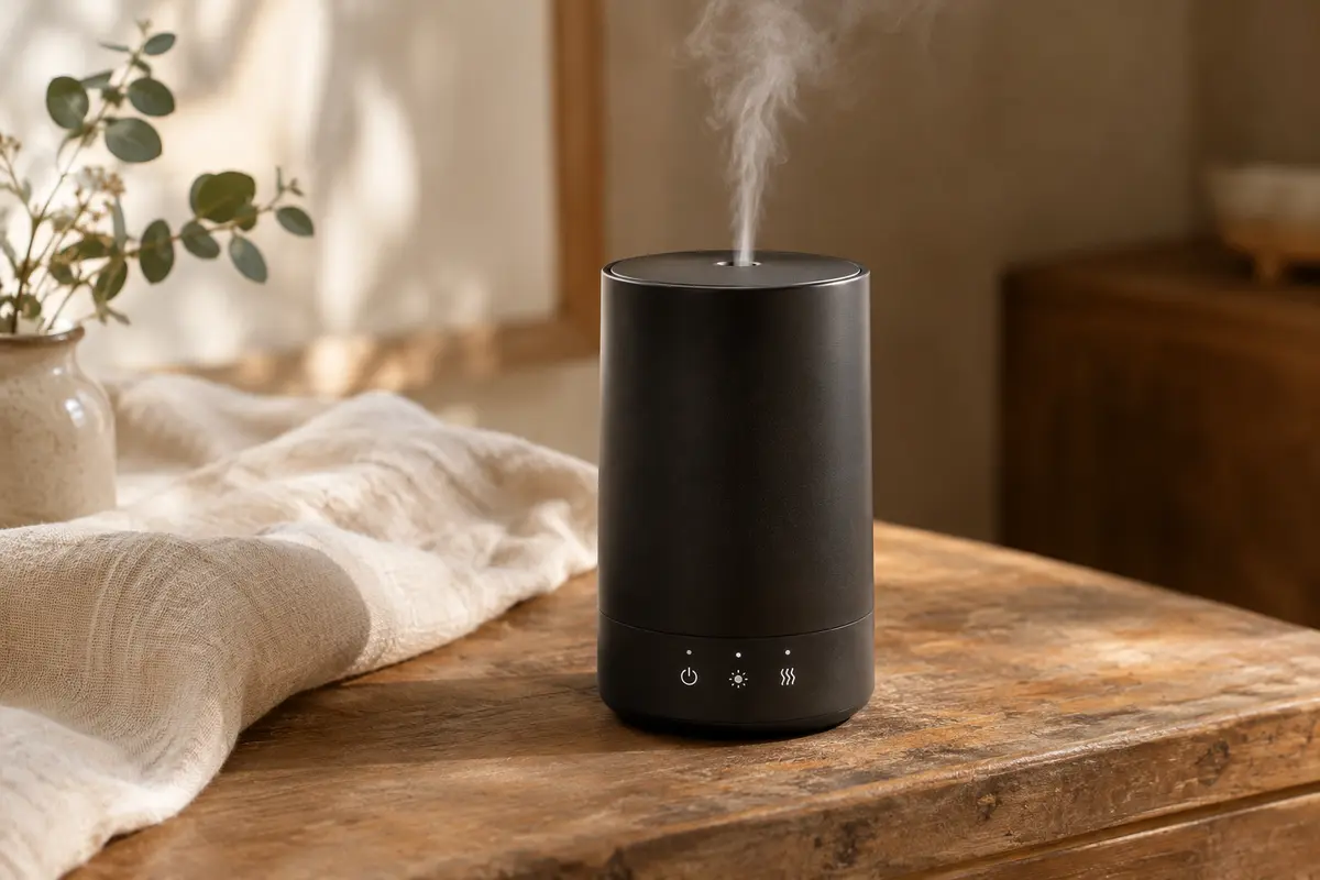 Diffuseur cylindrique noir sans eau posé sur un meuble en bois, dans une pièce à la lumière douce.