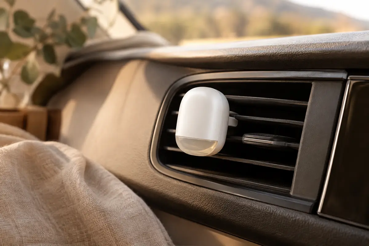Diffuseur Areon blanc à clip fixé sur une grille d’aération dans l’habitacle d’une voiture