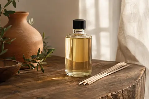 Recharge liquide pour diffuseur à bâtonnets mise en scène sur du bois patiné avec des tiges en bambou