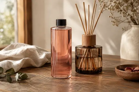 Recharge de parfum à la rose posée près d’un diffuseur à bâtonnets dans un intérieur aux tons doux.