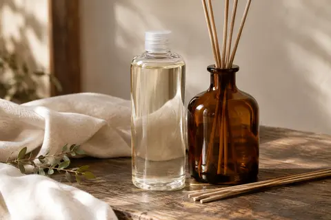 Recharge de diffuseur à roseaux Coton Blanc près d’un flacon en verre ambré sur du bois patiné