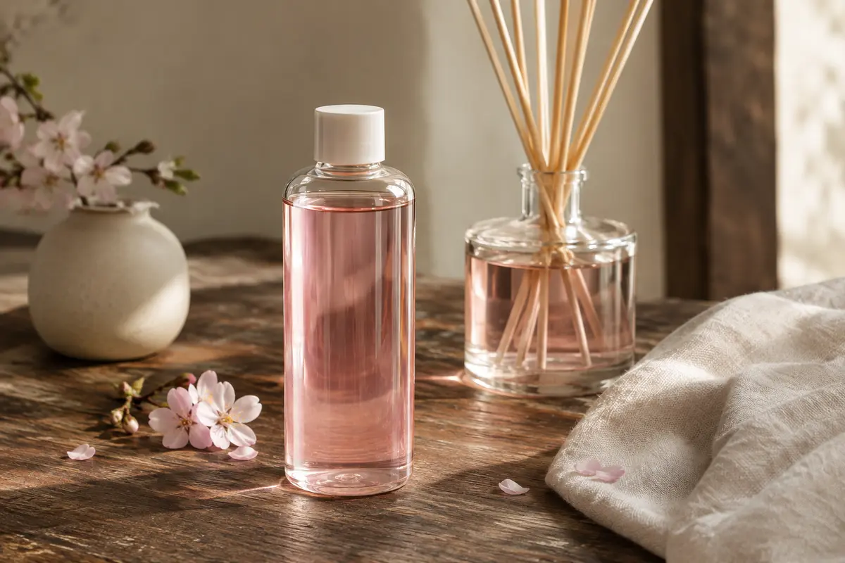Recharge de parfum Sakura rosée près d’un diffuseur à bâtonnets, sur une table en bois patiné.