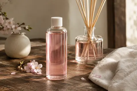 Recharge de parfum Sakura rosée près d’un diffuseur à bâtonnets, sur une table en bois patiné.