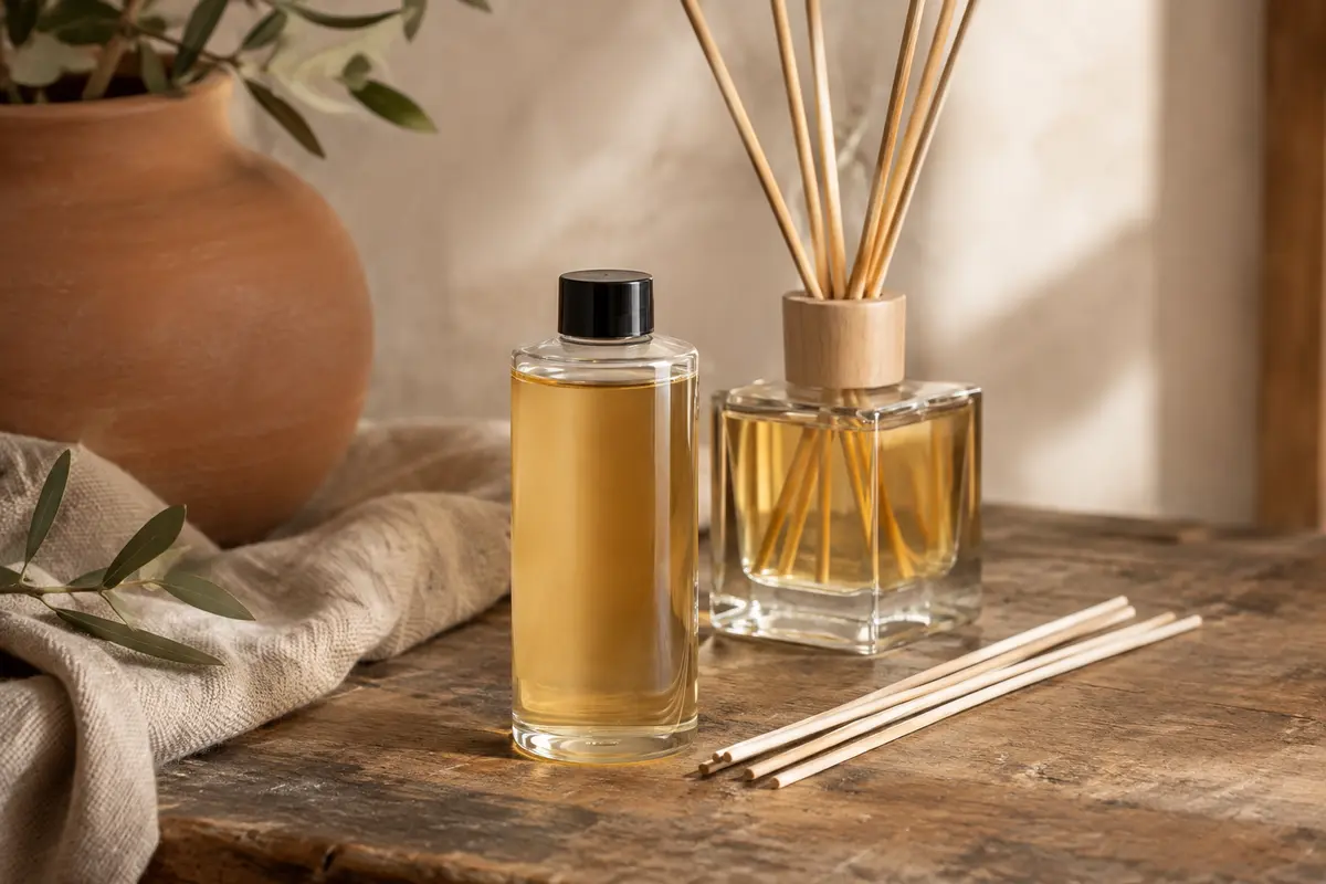 Recharge parfumée Santal & Patchouli près d’un diffuseur à bâtonnets sur du bois patiné.