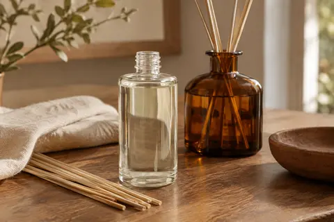 Recharge de santal en flacon de verre transparent posée près d’un diffuseur à bâtonnets sur du bois.