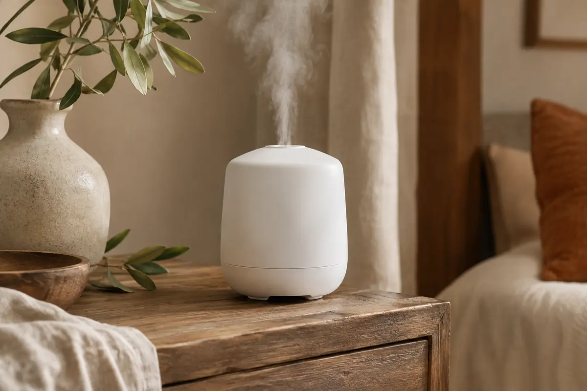 Diffuseur d’arômes blanc en ABS diffusant une brume fraîche sur une console en bois patiné