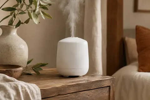 Diffuseur d’arômes blanc en ABS diffusant une brume fraîche sur une console en bois patiné