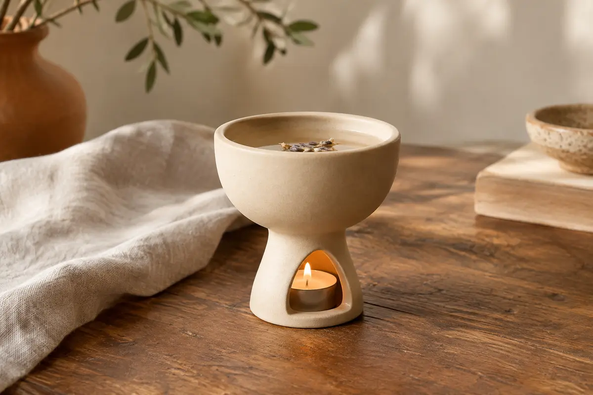 Brûle-parfum Bighan en céramique mate posé sur une table en bois dans un intérieur doux et épuré